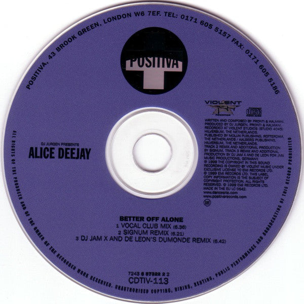Buy DJ Jurgen Presents Alice Deejay Better Off Alone (CD, Single) from  DaddyPop – DaddyPop Ltd