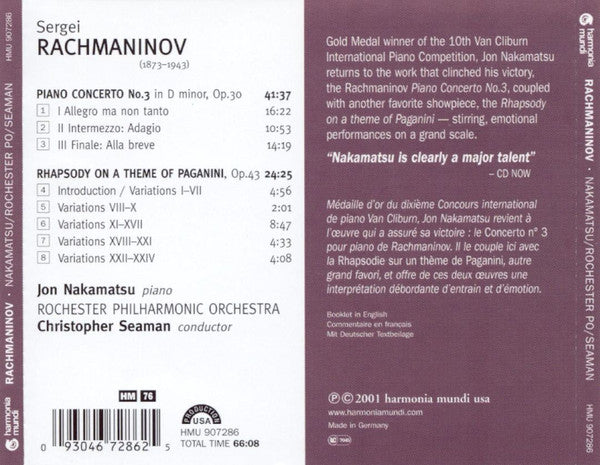 Sergei Vasilyevich Rachmaninoff - Jon Nakamatsu, Rochester Philharmonic Orchestra, Christopher Seaman : Piano Concerto No.3 / Rhapsody On A Theme Of Paganini (CD)