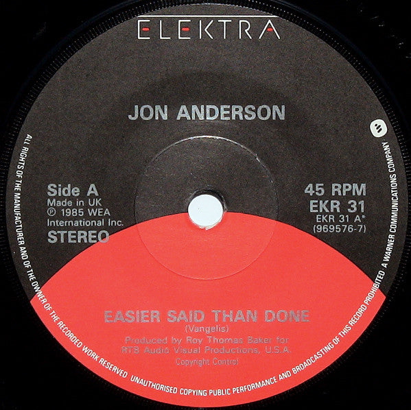 Jon Anderson : Easier Said Than Done / Three Ships (7", Single)