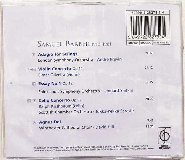 Samuel Barber, André Previn, Elmar Oliveira, Ralph Kirshbaum, David Hill : Adagio - Violin Concerto, Cello Concerto - Agnus Dei (CD, Comp)