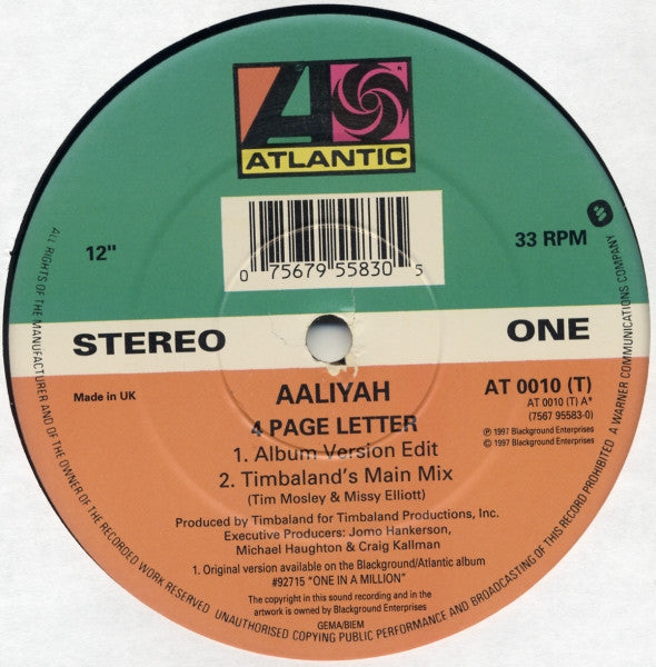 Aaliyah : 4 Page Letter (12", Single)
