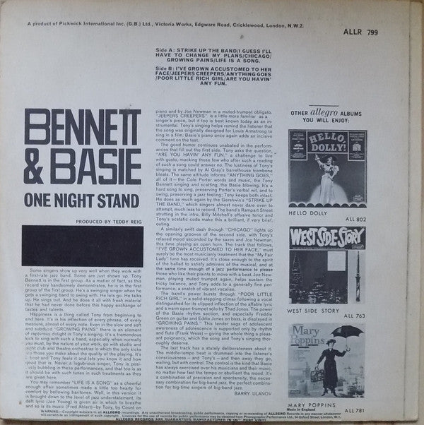 Tony Bennett & Count Basie : One Night Stand (LP, RE)