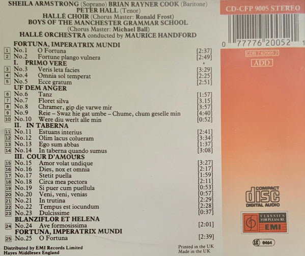 Carl Orff - Sheila Armstrong / Brian Rayner Cook / Peter Hall (8) / Hallé Choir / Boys Of Manchester Grammar School / Hallé Orchestra - Maurice Handford : Carmina Burana (CD, Album)