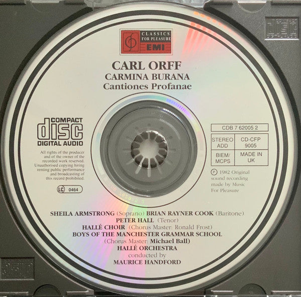 Carl Orff - Sheila Armstrong / Brian Rayner Cook / Peter Hall (8) / Hallé Choir / Boys Of Manchester Grammar School / Hallé Orchestra - Maurice Handford : Carmina Burana (CD, Album)
