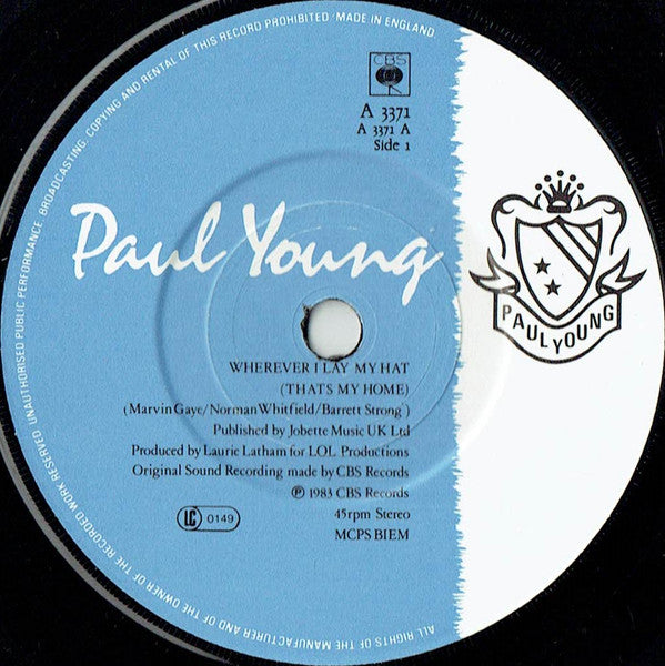 Paul Young : Wherever I Lay My Hat (7", Single, Blu)