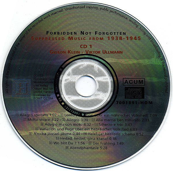 Gideon Klein, Viktor Ullmann, Pavel Haas, Hans Krása, Karl Amadeus Hartmann : Forbidden, Not Forgotten (Suppressed Music From 1938-1945) (3xCD, Comp, RE + Box)