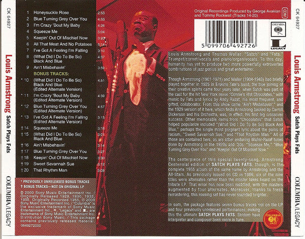 Louis Armstrong, Louis Armstrong And His All-Stars : Satch Plays Fats: A Tribute To The Immortal Fats Waller By Louis Armstrong And His All-Stars (CD, Album, RE, RM)