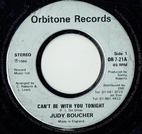 Judy Boucher : Can't Be With You Tonight (7", Single, RP, Lar)
