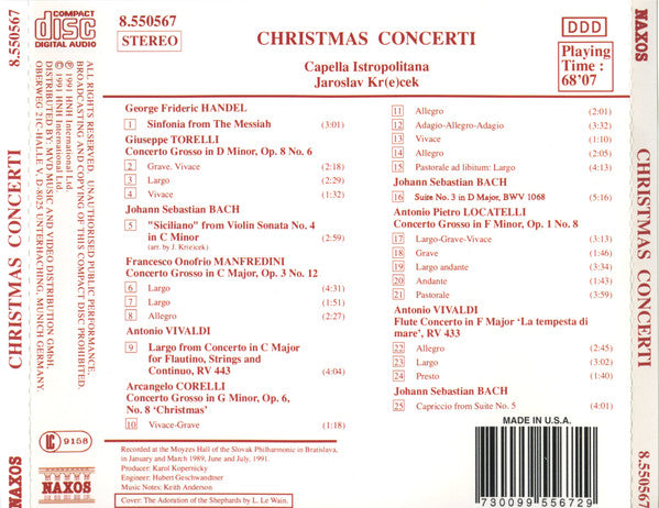 Arcangelo Corelli, Francesco Manfredini, Johann Sebastian Bach, Antonio Vivaldi, Pietro Antonio Locatelli, Giuseppe Torelli, Georg Friedrich Händel, Capella Istropolitana, Jaroslav Krček : Christmas Concerti (CD)