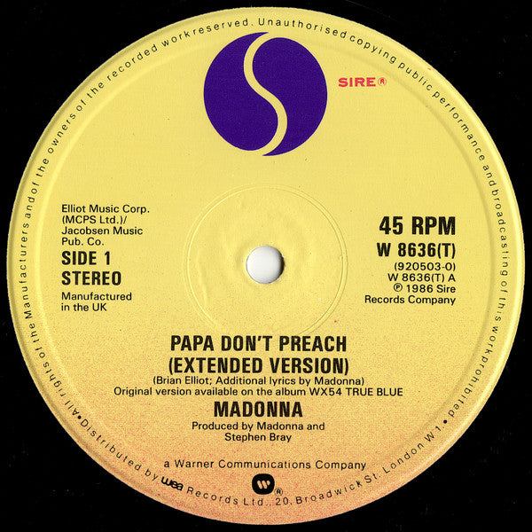 Madonna : Papa Don't Preach (12", Single, PRS)