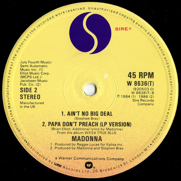 Madonna : Papa Don't Preach (12", Single, PRS)