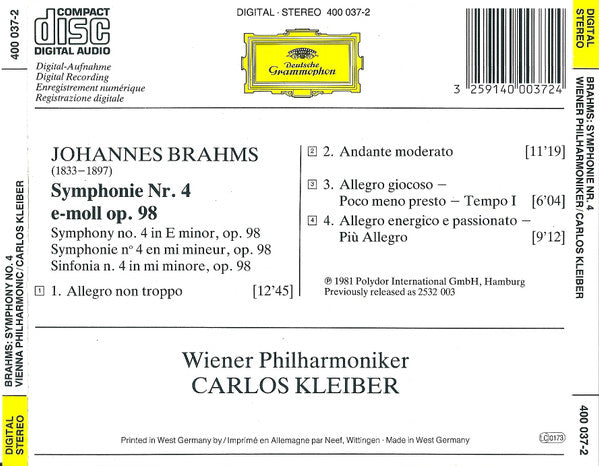 Johannes Brahms - Wiener Philharmoniker, Carlos Kleiber : Symphonie No. 4 (CD, Album, RE)