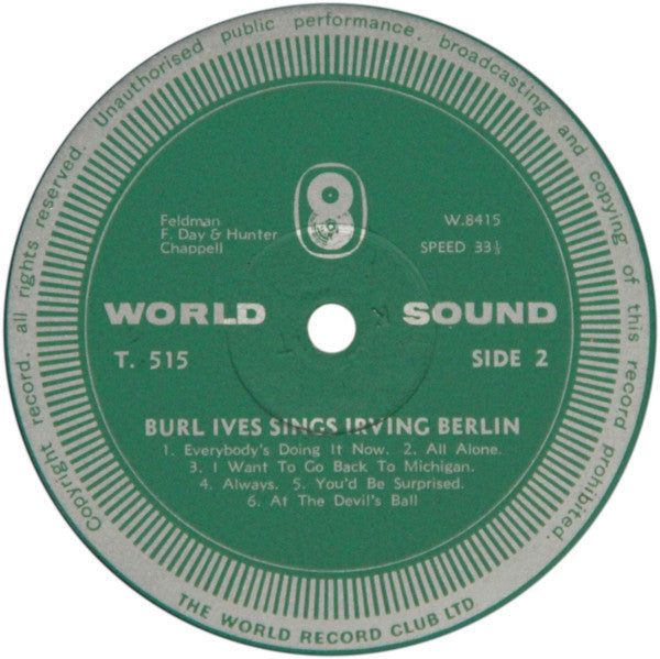 Burl Ives : Burl Ives Sings Irving Berlin (LP, Album)