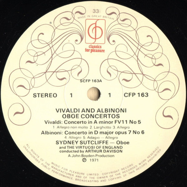 Antonio Vivaldi / Tomaso Albinoni - Sidney Sutcliffe, The Virtuosi Of England Conducted By Arthur Davison : Oboe Concertos (LP, RP)