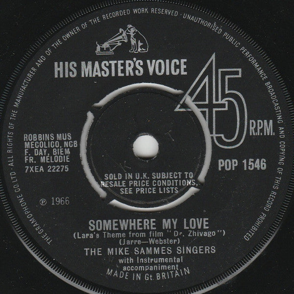 The Mike Sammes Singers* : Somewhere My Love (7", Pus)