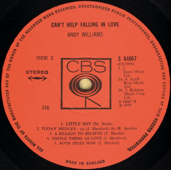 Andy Williams : Can't Help Falling In Love (LP, Album, Gat)