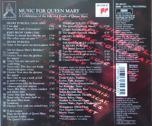Henry Purcell - The Choir Of Westminster Abbey : Music For Queen Mary (A Celebration Of The Life And Death Of Queen Mary) (CD)