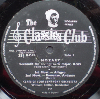 Wolfgang Amadeus Mozart ,Mozart Classics Club Symphony Orchestra ,Conducted By William Stellar : Serenade For Strings In G Major. K.525. (7", EP, Bla)