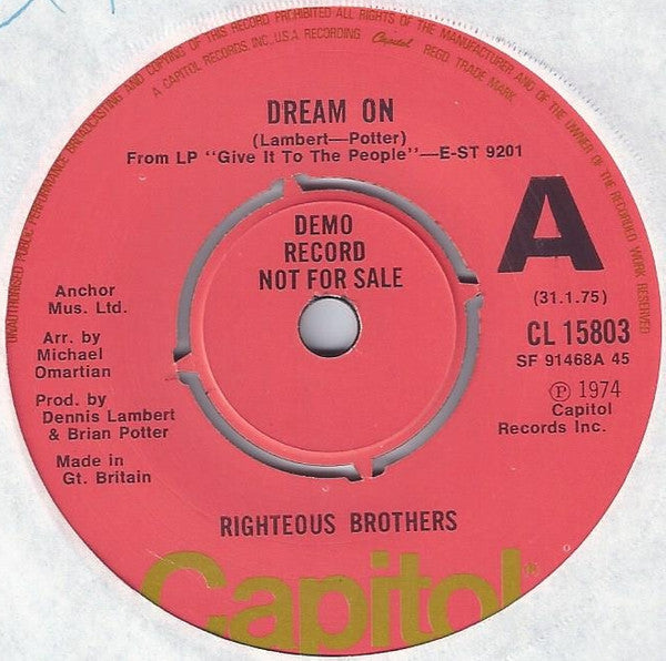 The Righteous Brothers : Dream On (7", Single, Promo)