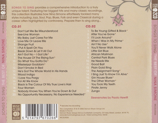 Nina Simone : Songs To Sing (The Best Of Nina Simone) (2xCD, Comp)