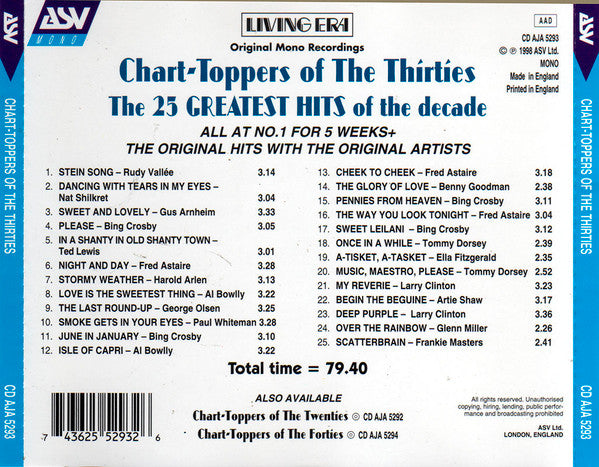 Various : Chart-Toppers Of The Thirties (CD, Album, Comp, Mono)