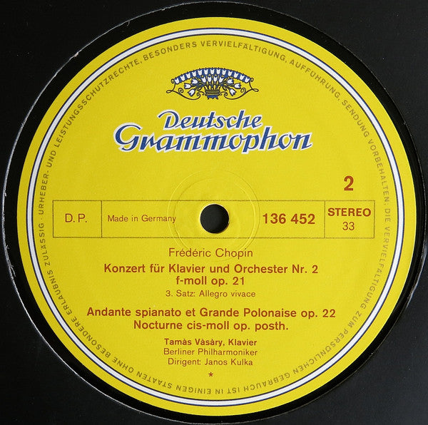 Frédéric Chopin, Tamás Vásáry, Berliner Philharmoniker, Janos Kulka : Klavierkonzert Nr. 2 F-moll / Andante Spianato Et Grande Polonaise ∙ Nocturne (LP, Album, RE)