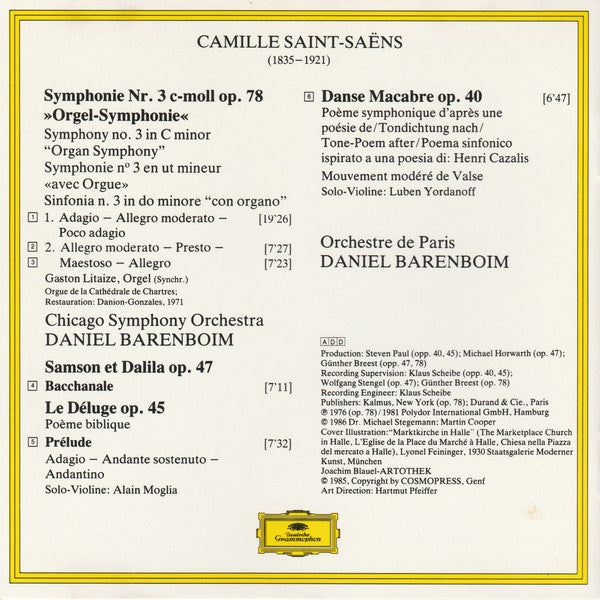 Camille Saint-Saëns, Chicago Symphony Orchestra, Orchestre De Paris, Daniel Barenboim : Symphony Nr.3 >>Orgel-Symphonie<< / Danse Macabre / Bachanale / Le Déluge (CD, Comp, RM)