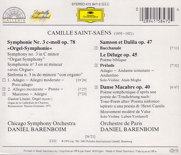 Camille Saint-Saëns, Chicago Symphony Orchestra, Orchestre De Paris, Daniel Barenboim : Symphony Nr.3 >>Orgel-Symphonie<< / Danse Macabre / Bachanale / Le Déluge (CD, Comp, RM)