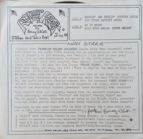 Andy Starr, Steve Wright (17) : Rockin' And Reelin' Country Style; Dig Those Squeaky Shoes / Do It Right; Wild Wild Woman (7", EP, RP)