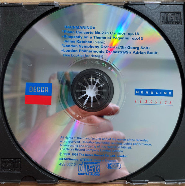 Sergei Vasilyevich Rachmaninoff . Julius Katchen, London Symphony Orchestra conducted by Georg Solti, London Philharmonic Orchestra conducted by Sir Adrian Boult : Piano Concerto No 2, Rhapsody On A Theme Of Paganini (CD, Comp, RM)