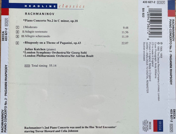Sergei Vasilyevich Rachmaninoff . Julius Katchen, London Symphony Orchestra conducted by Georg Solti, London Philharmonic Orchestra conducted by Sir Adrian Boult : Piano Concerto No 2, Rhapsody On A Theme Of Paganini (CD, Comp, RM)