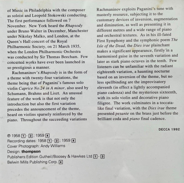 Sergei Vasilyevich Rachmaninoff . Julius Katchen, London Symphony Orchestra conducted by Georg Solti, London Philharmonic Orchestra conducted by Sir Adrian Boult : Piano Concerto No 2, Rhapsody On A Theme Of Paganini (CD, Comp, RM)