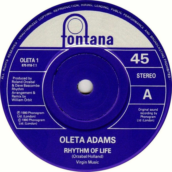Oleta Adams : Rhythm Of Life (7", Single, Blu)