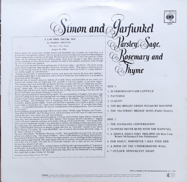 Simon And Garfunkel* : Parsley, Sage, Rosemary And Thyme (LP, Album, RE)