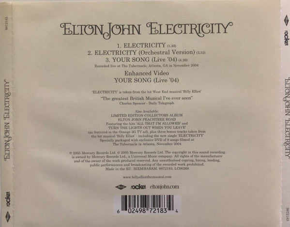 Elton John : Electricity (CD, Maxi, Enh)