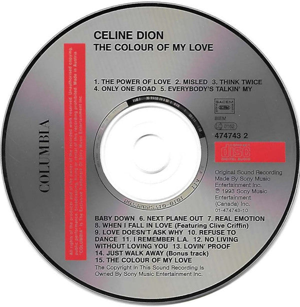 Céline Dion : The Colour Of My Love (CD, Album, RE)