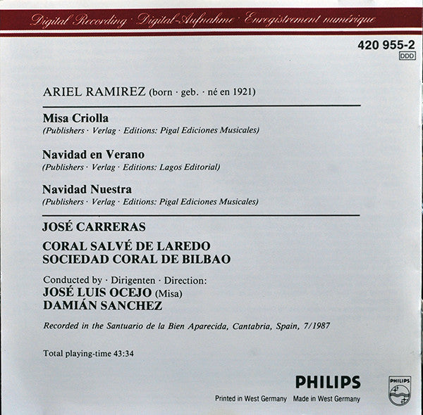 Ariel Ramirez - José Carreras : Misa Criolla • Navidad Nuestra (CD, Album, RP)
