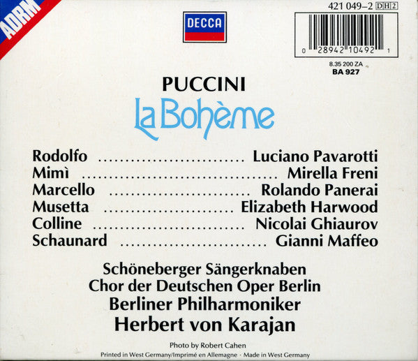 Giacomo Puccini, Mirella Freni, Luciano Pavarotti, Elizabeth Harwood, Rolando Panerai, Gianni Maffeo, Nicolai Ghiaurov, Berliner Philharmoniker, Herbert von Karajan : La Bohème (2xCD, Album, RM)