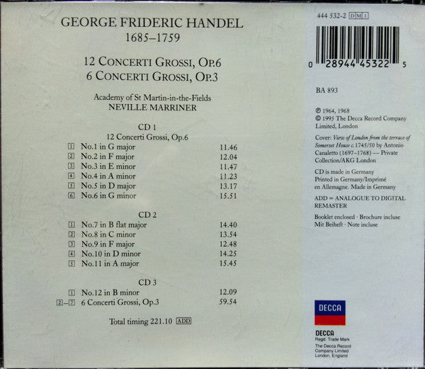 Handel* - Academy Of St Martin-in-the-Fields*, Neville Marriner* : Concerti Grossi, Op. 3 & Op. 6 (3xCD, Comp, RE, RM)