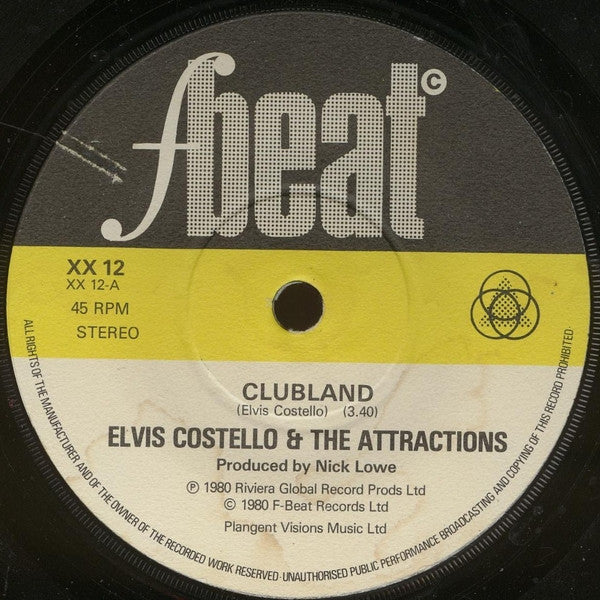 Elvis Costello & The Attractions : Clubland / Clean Money / Hoover Factory (7", Single, Mat)