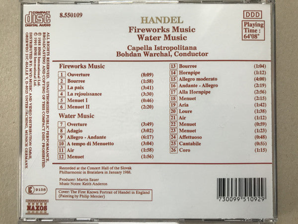 Georg Friedrich Händel - Capella Istropolitana, Bohdan Warchal : Fireworks Music / Water Music (CD, Album, RP)
