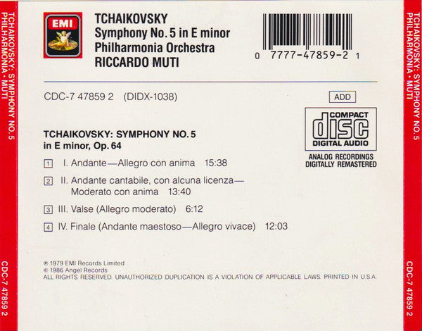 Pyotr Ilyich Tchaikovsky, Riccardo Muti, Philharmonia Orchestra : Muti Conducts Tchaikovsky Symphony No. 5 In E Minor (CD, Album, RE)