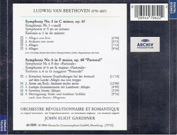 Ludwig van Beethoven - Orchestre Révolutionnaire Et Romantique, John Eliot Gardiner : Symphonies Nos. 5 & 6 "Pastoral" (CD, Album)