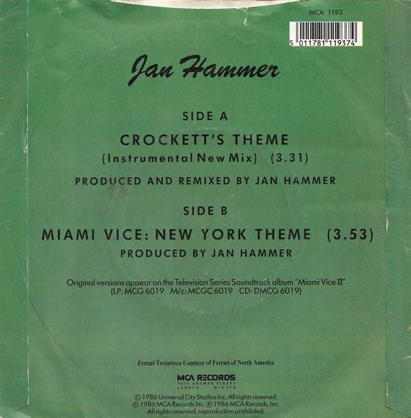 Jan Hammer : Crockett's Theme (7", Single)