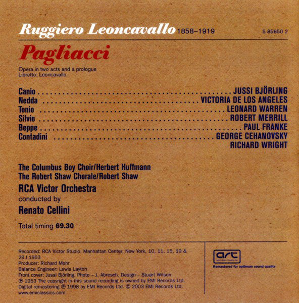 Ruggiero Leoncavallo - Jussi Björling, Victoria De Los Angeles, RCA Victor Symphony Orchestra, Renato Cellini : Pagliacci (CD, Mono, RE, RM)