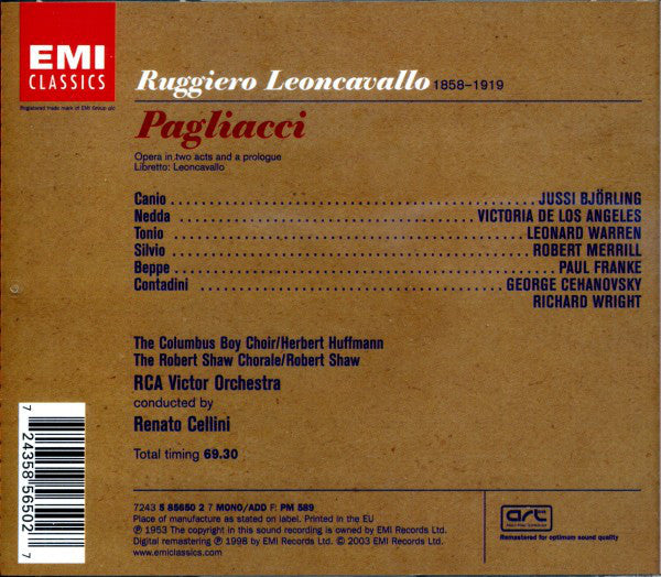Ruggiero Leoncavallo - Jussi Björling, Victoria De Los Angeles, RCA Victor Symphony Orchestra, Renato Cellini : Pagliacci (CD, Album, Mono, RE, RM)