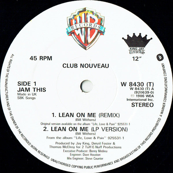 Club Nouveau : Lean On Me (12", Single, Dam)