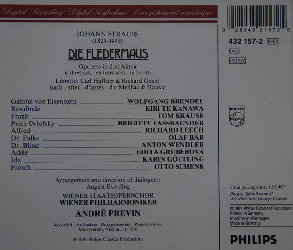 Johann Strauss Jr. - Kiri Te Kanawa • Edita Gruberova • Brigitte Fassbaender • Wolfgang Brendel • Richard Leech (2) • Olaf Bär • Tom Krause • Wiener Philharmoniker • André Previn : Die Fledermaus (2xCD, Album + Box, Sli)