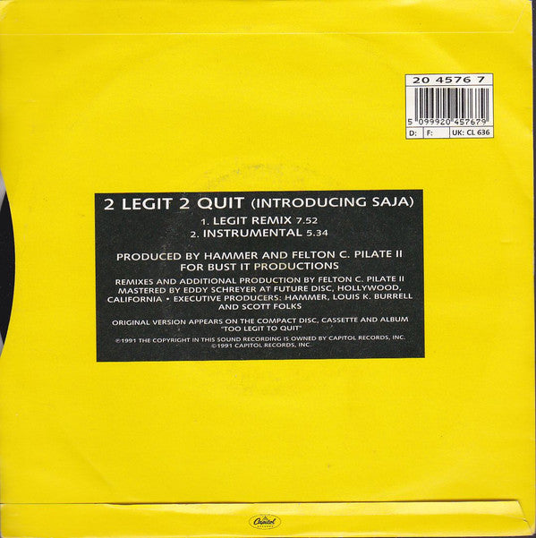 MC Hammer : 2 Legit 2 Quit (7", Single)