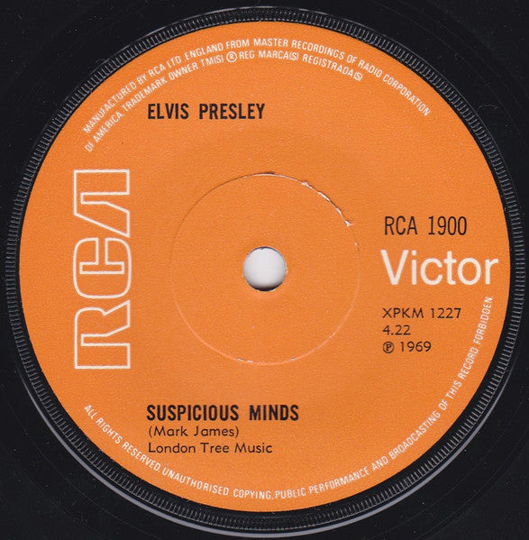 Elvis Presley : Suspicious Minds (7", Single, Sol)
